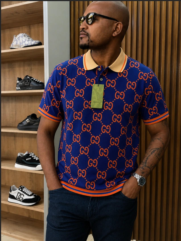 Gucci Jumbo GG Canvas/Knit Polo Shirt featuring a vibrant color-blocked palette.
