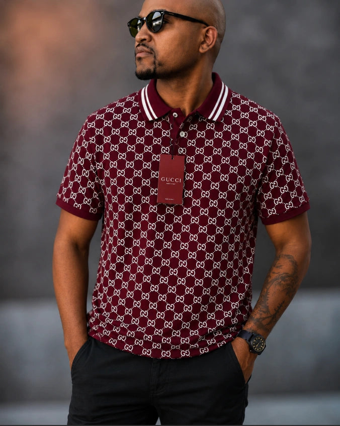 Gucci GG Cotton Piqué Polo Shirt in a deep burgundy or maroon colorway.