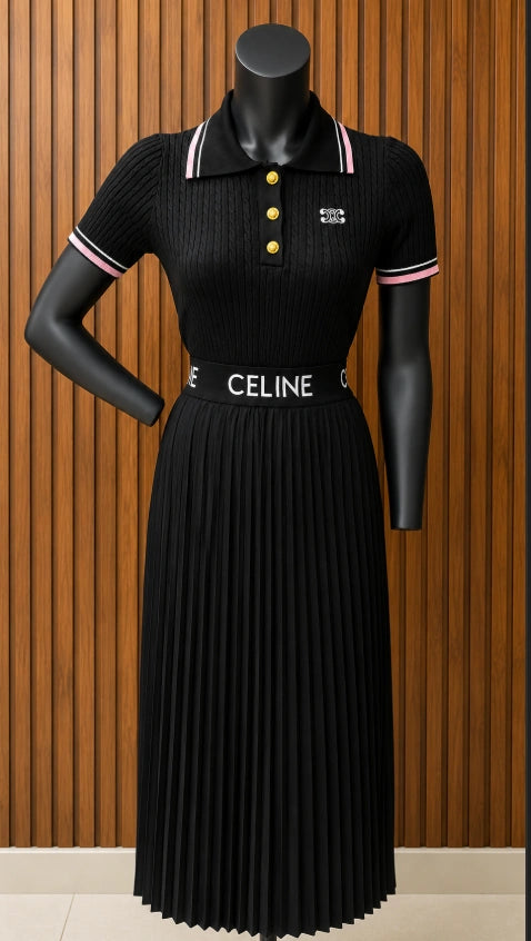 CELINE Cropped Polo in Ribbed Cotton + CELINE Pleated Skirt – Black