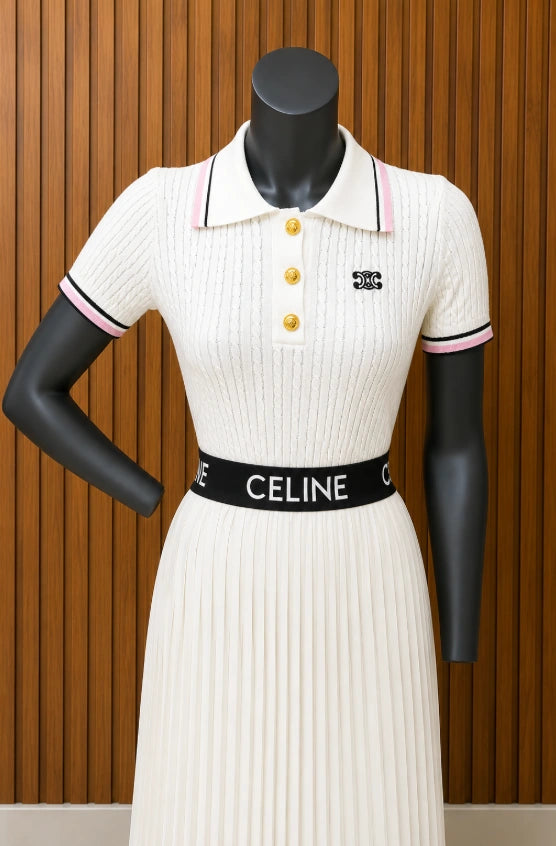 CELINE Cropped Polo in Ribbed Cotton (Off-White/Cream colorway) +  CELINE Logo Waistband Pleated Midi Skirt (Black colorway)