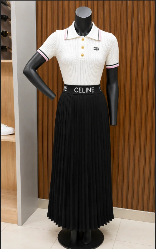 CELINE Cropped Polo in Ribbed Cotton (Off-White/Cream colorway) +  CELINE Logo Waistband Pleated Midi Skirt (Black colorway)