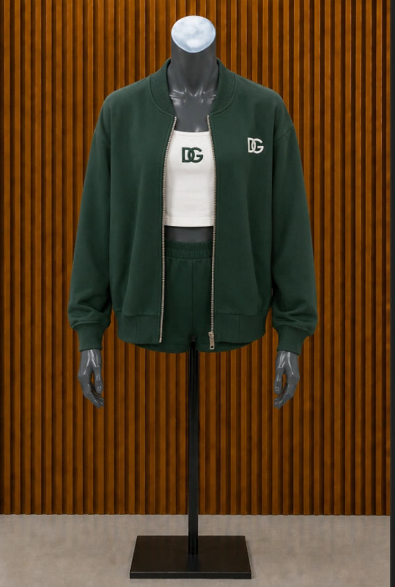 Dolce & Gabbana Interlocking DG Logo Tracksuit with Matching Crop Top, styled in a deep forest green and white colorway.