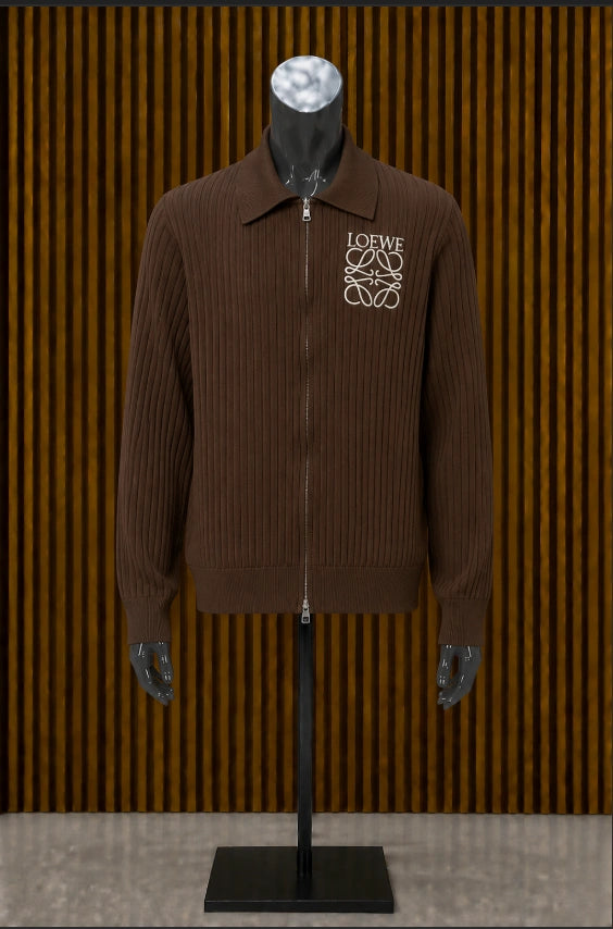Loewe Ribbed Knit Tracksuit Set, styled in a deep chocolate brown colorway.