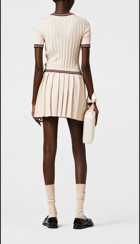 Miu Miu Logo-Appliqué Cashmere Short-Sleeve Top (Natural/Beige ribbed knit with burgundy and navy striped trim)
