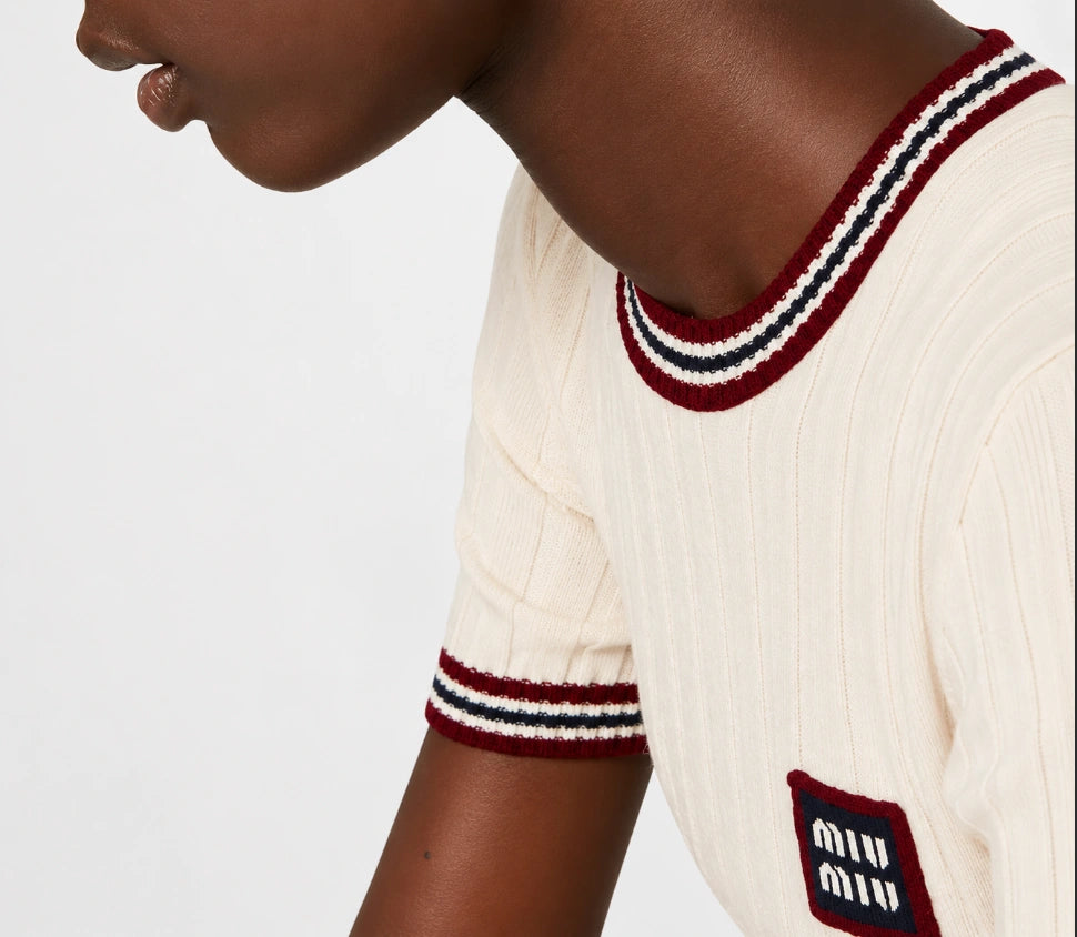 Miu Miu Logo-Appliqué Cashmere Short-Sleeve Top (Natural/Beige ribbed knit with burgundy and navy striped trim)