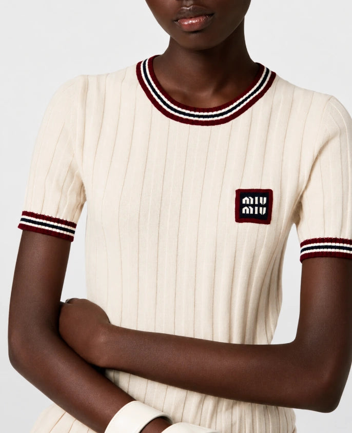 Miu Miu Logo-Appliqué Cashmere Short-Sleeve Top (Natural/Beige ribbed knit with burgundy and navy striped trim)